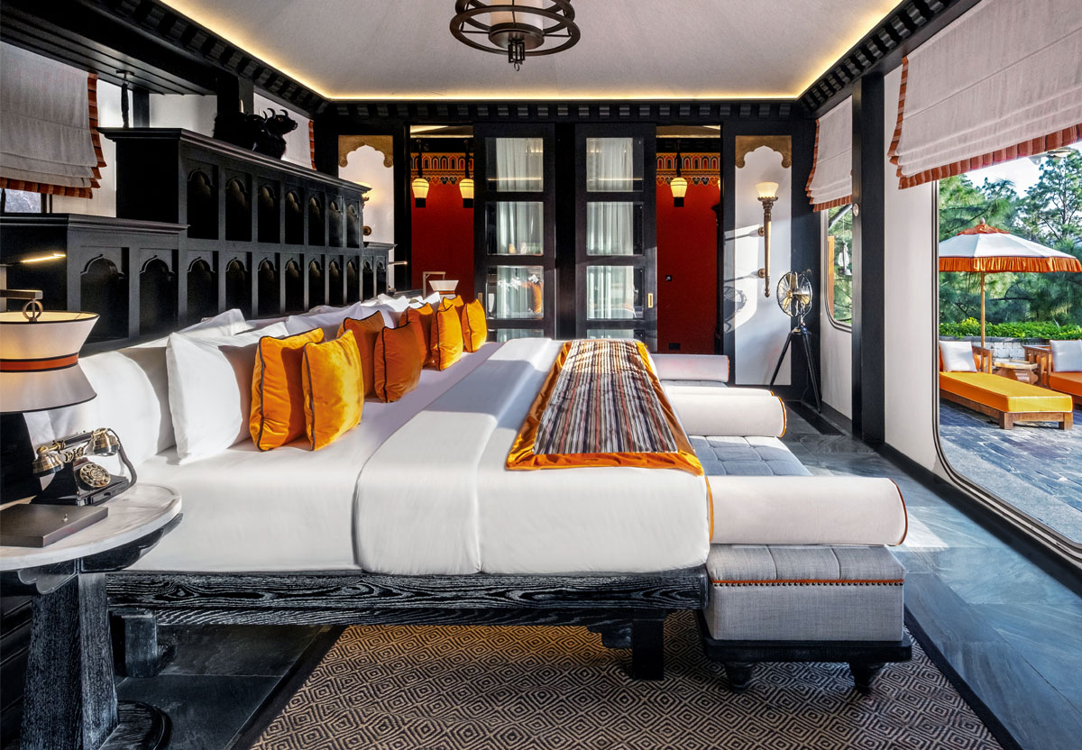 A warmly lit luxury lodge interior in Bhutan