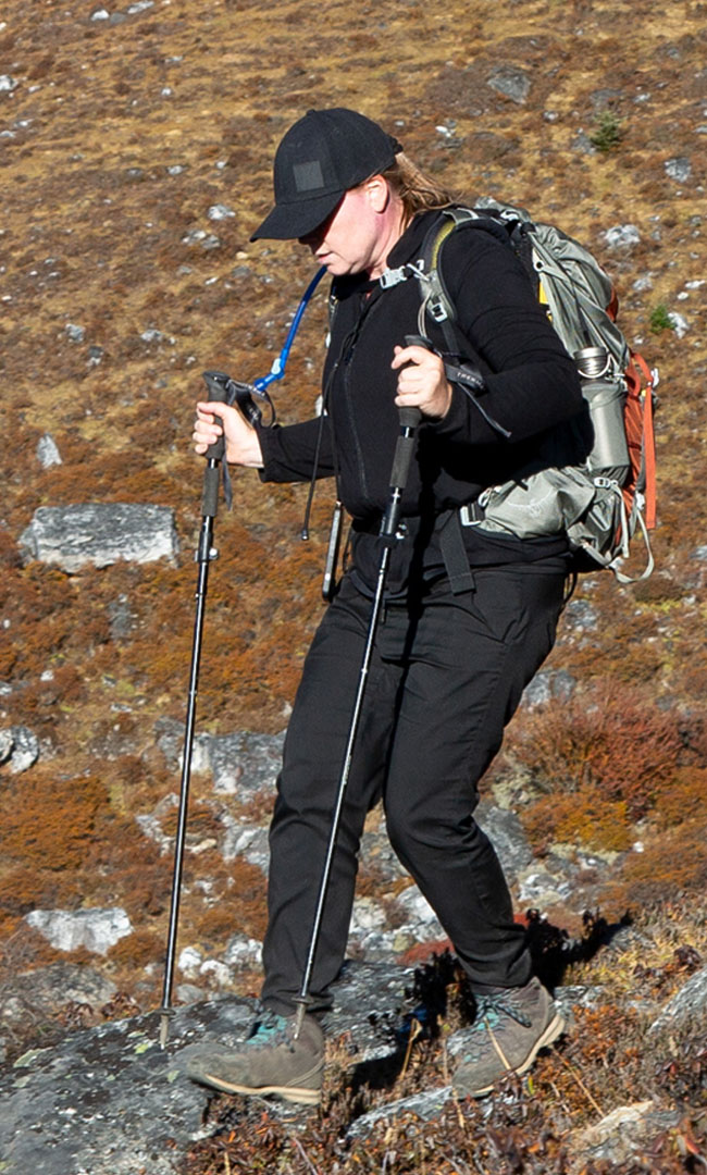 A hiker with trekking poles climbing an open hillside