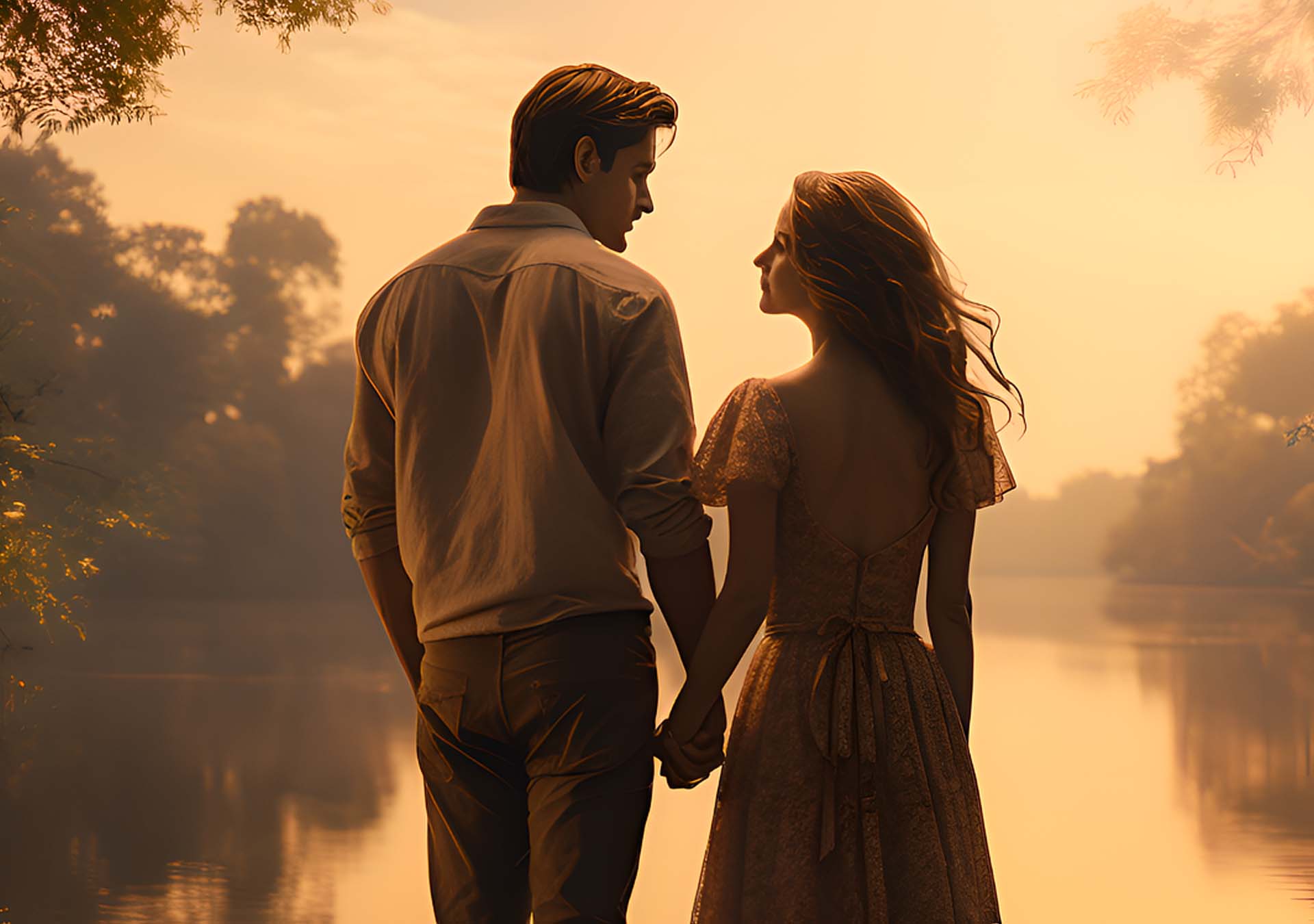 A couple holding hands beside a misty river at golden hour