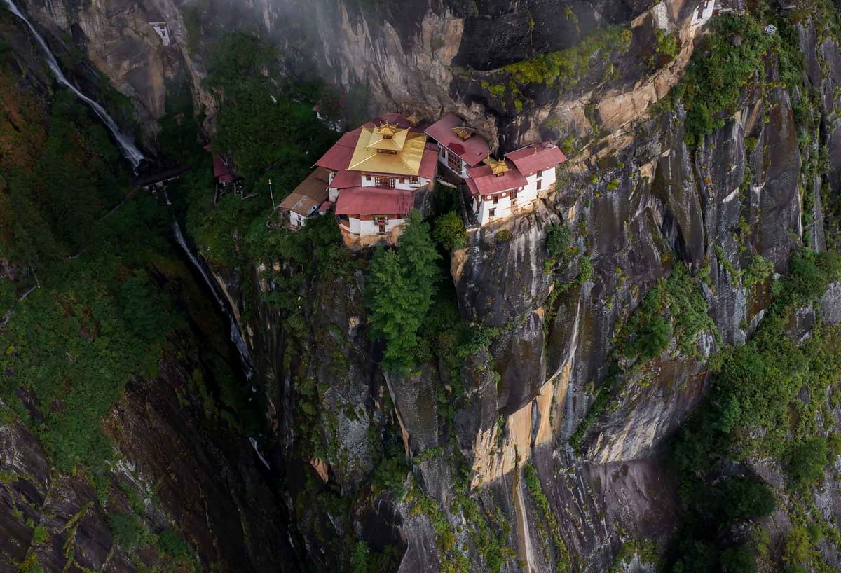 Taktsang Monastery clinging to a cliff face above the Paro valley