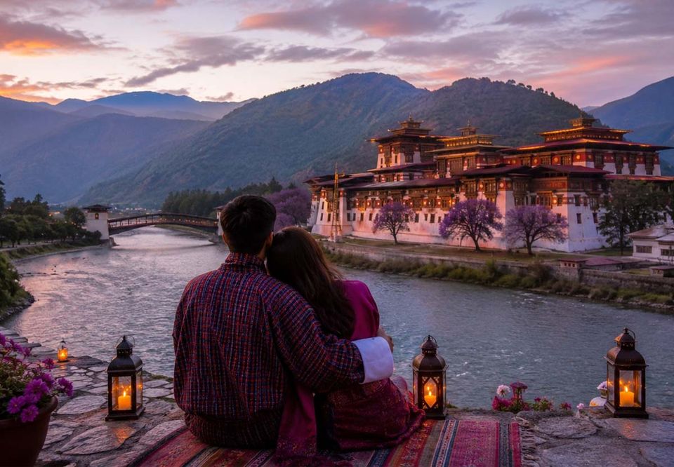 A couple seated among lanterns overlooking Punakha Dzong at dusk