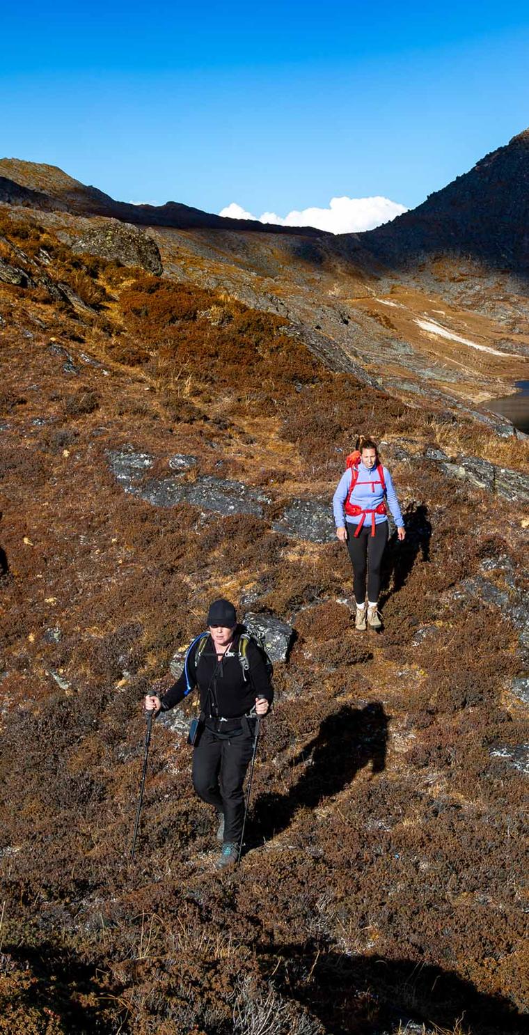 Two trekkers climbing a russet autumn hillside