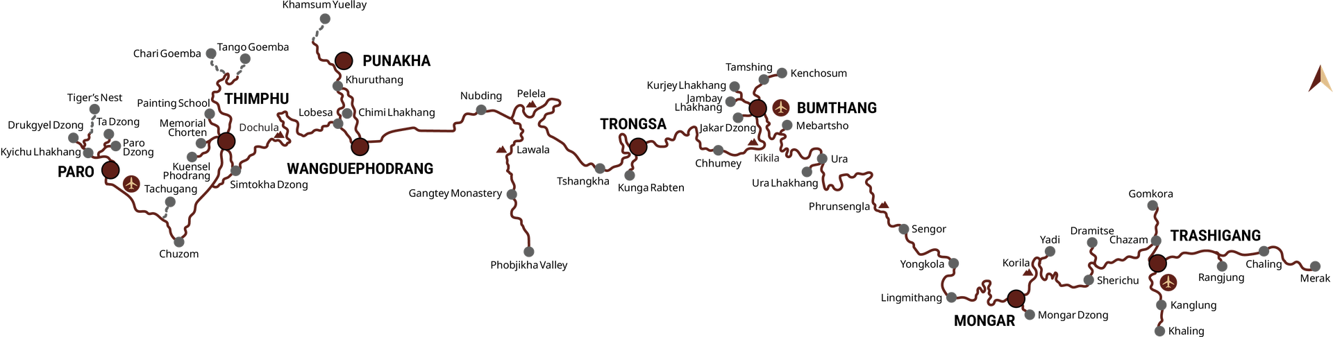 Route map of the fifteen-day west-to-east festival journey. Paro and Haa sit in the far west, linked by Chuzom to Thimphu, then east over Dochula to Punakha and Wangduephodrang, south to Phobjikha Valley, on through Pelela and Trongsa to Bumthang, then over Phrunsengla by way of Sengor and Lingmithang to Mongar, and finally Trashigang, Gomkora and Merak in the far east.