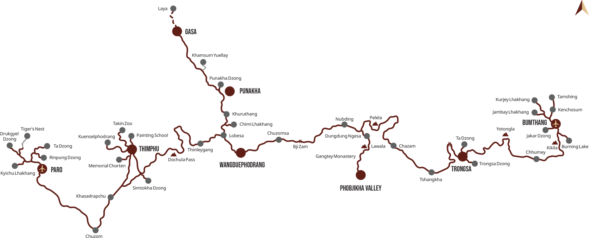 Route map of the thirteen-day festival tour. Paro sits in the west, linked by Chuzom to Thimphu, then east over Dochula Pass to Punakha and Wangduephodrang, north through Gasa to the highland village of Laya, and on through Pelela to Phobjikha Valley, Trongsa and Bumthang.