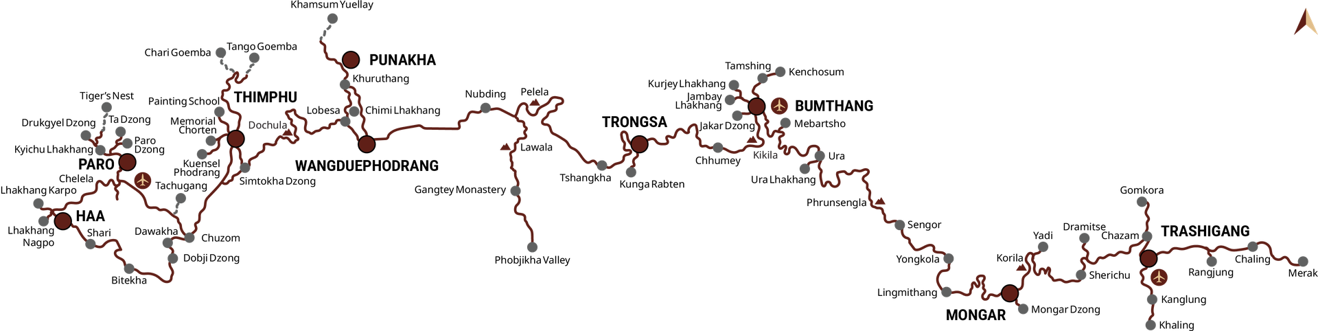 Route map of the seventeen-day west-to-east journey. Haa and Paro sit in the far west, linked by Chelela and Chuzom to Thimphu, then east over Dochula to Punakha and Wangduephodrang, south to Phobjikha Valley and Gangtey Monastery, on through Pelela and Trongsa to Bumthang, then over Phrunsengla by way of Sengor and Lingmithang to Mongar, and finally Trashigang, Rangjung, Khaling and Merak in the far east.